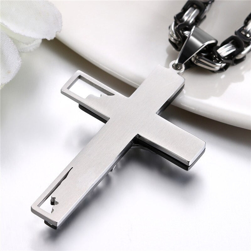 The Lords Prayer Luxury Black Silver Gold over Stainless Steel Jesus Crucifix Cross Pendant Chain Necklace
