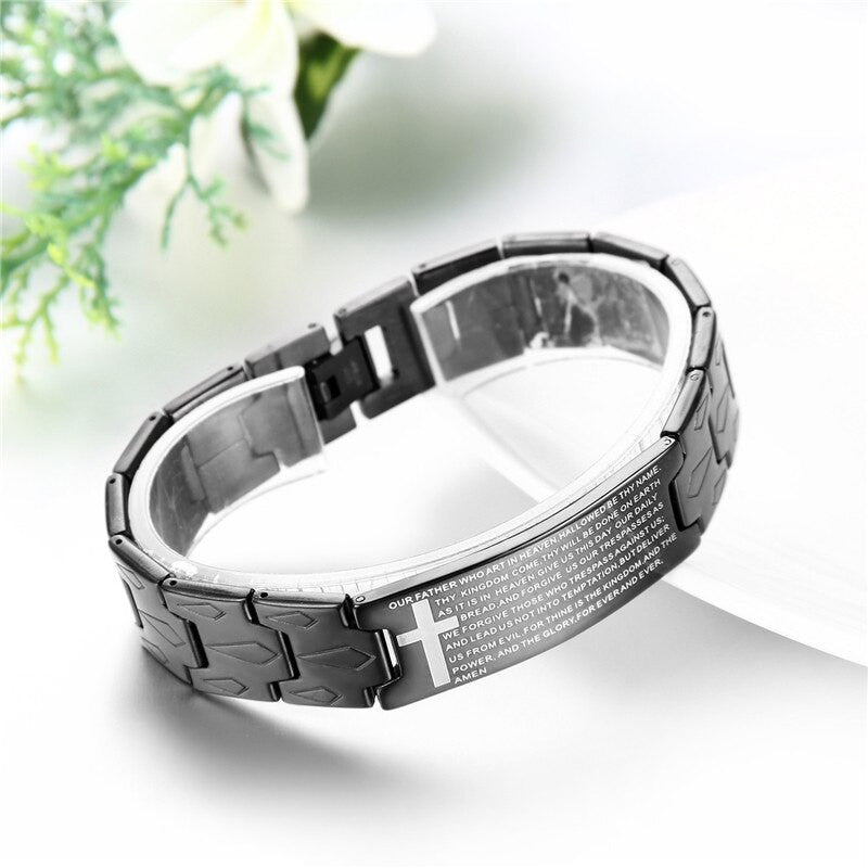 Polished Black Stainless Steel Mens Lords Prayer High Fashion Bracelets