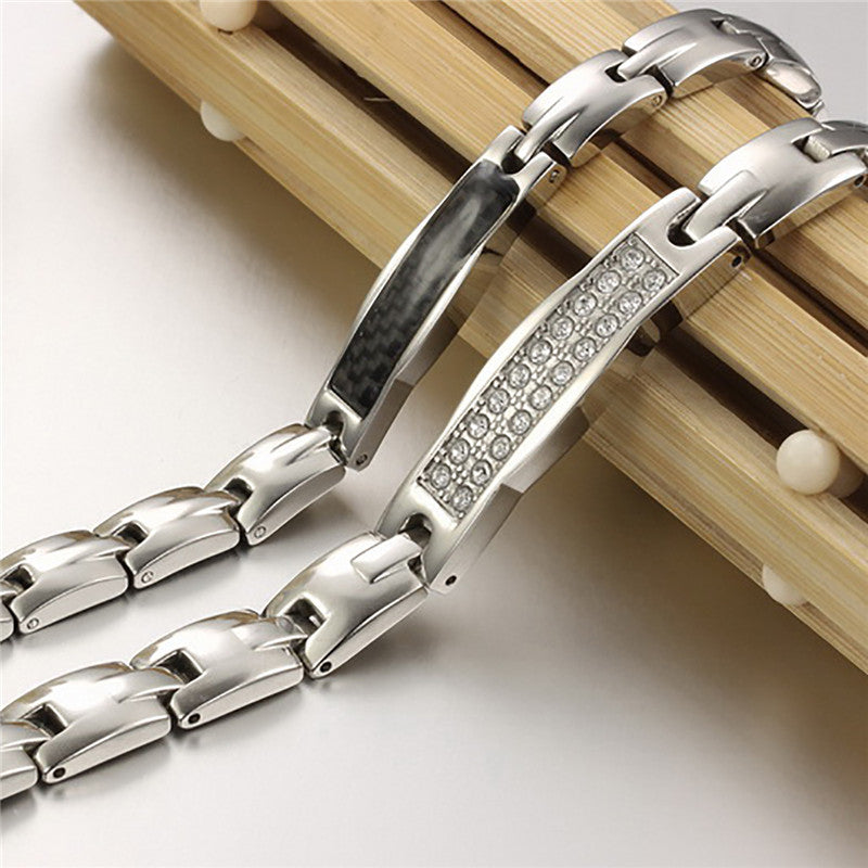 Mens Womens Couples Lover carbon Fiber Stone No Fade Stainless Steel Bracelets