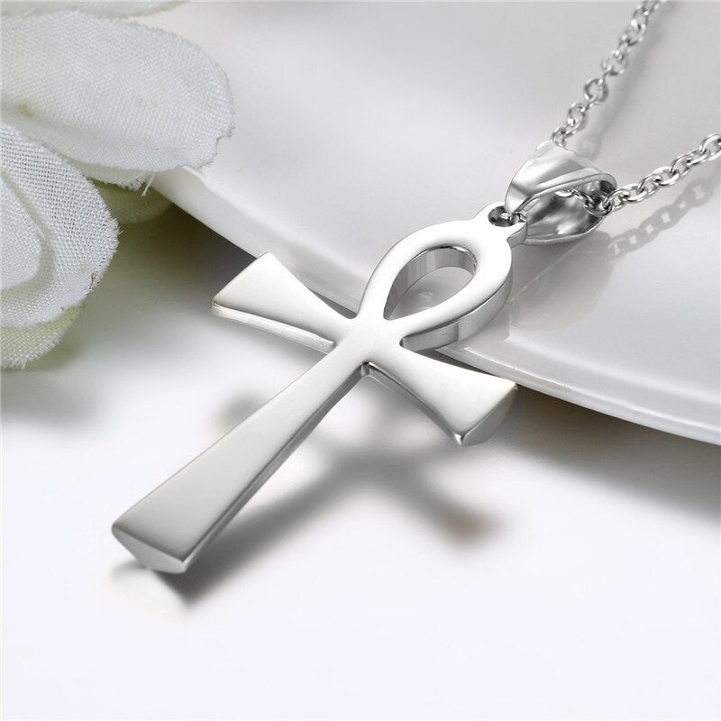 Classic Ancient African Egyptian Ankh 14k Gold over Stainless Steel Cross Pendant Chain Necklace