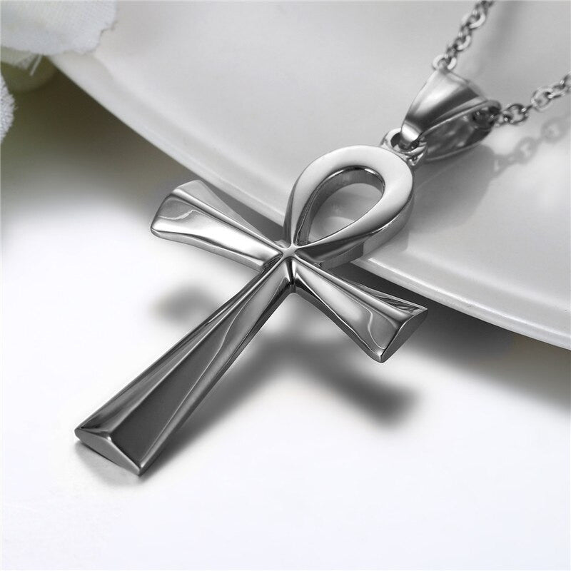 Classic Ancient African Egyptian Ankh 14k Gold over Stainless Steel Cross Pendant Chain Necklace