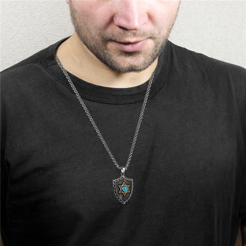 Mystical 6 Pointed Star Hexagram Crystal Shield Stainless Steel Pendant Chain Necklace