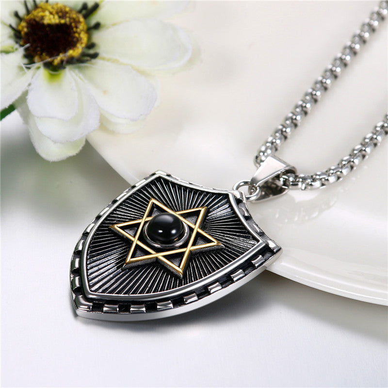 Mystical 6 Pointed Star Hexagram Crystal Shield Stainless Steel Pendant Chain Necklace