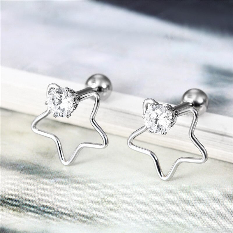 Silver over No Fade Stainless Steel Round Stud CZ Stone Star Screw Bask Earrings