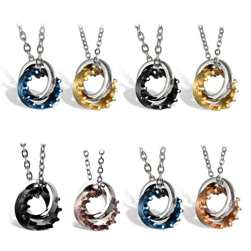 King Queen Couples Lovers Bling Stainless Steel Crown Ring Chain Necklace