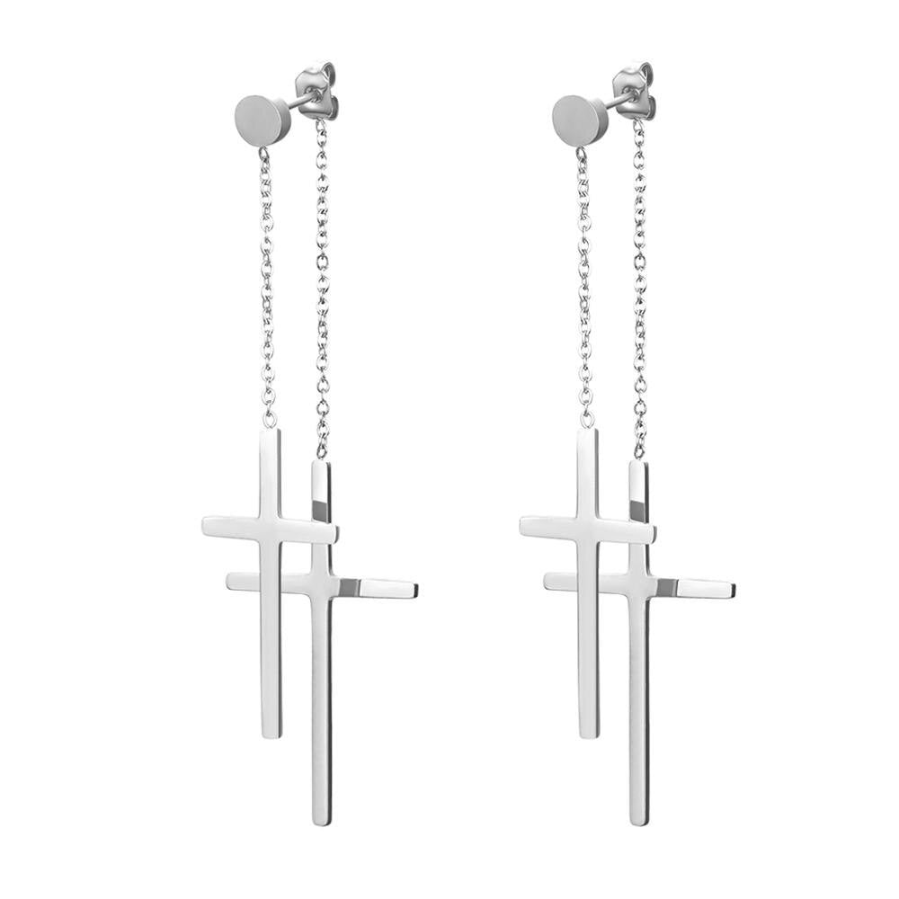 14k Gold Silver over Solid Stainless Steel Dangle Double Cross High Fashion Earrings