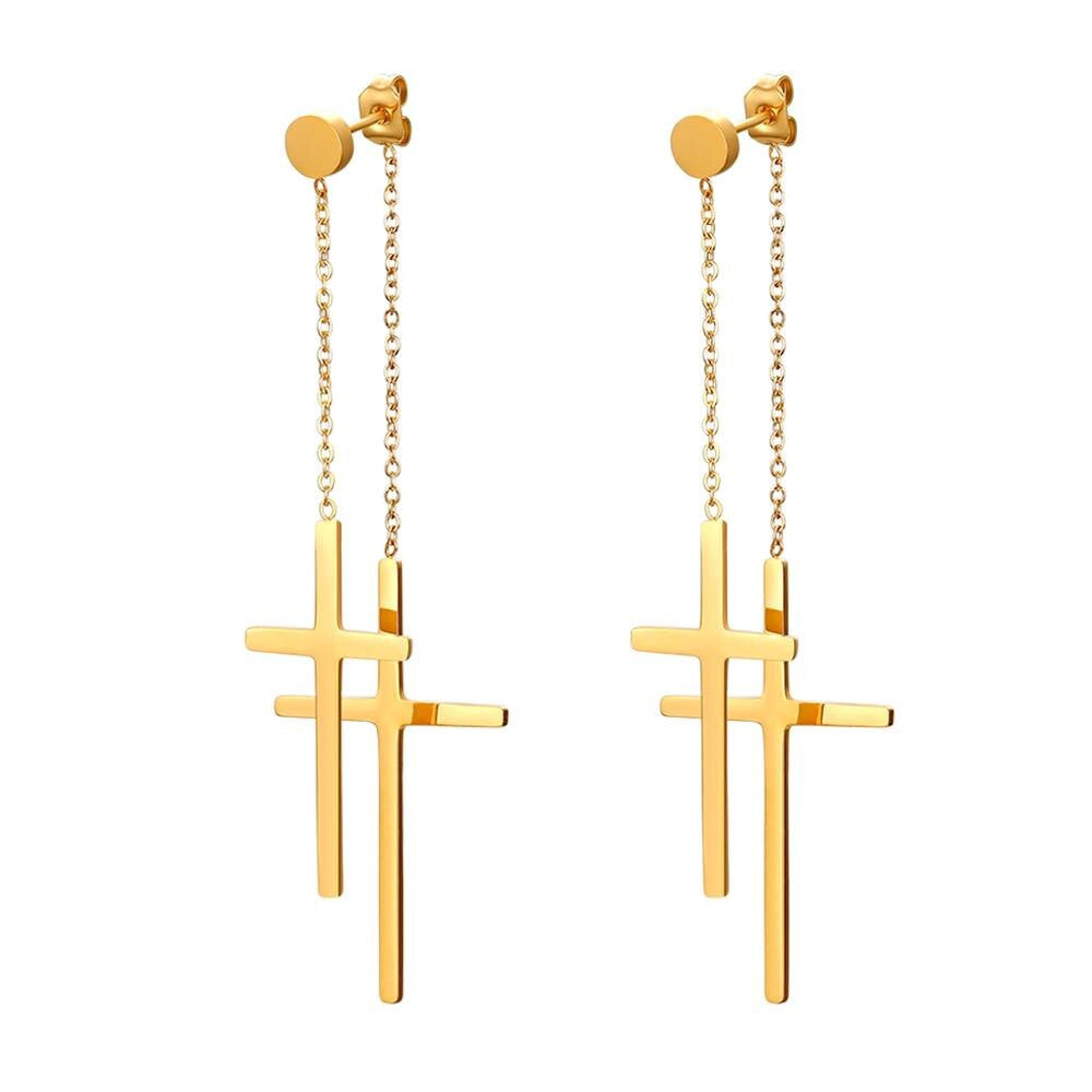 14k Gold Silver over Solid Stainless Steel Dangle Double Cross High Fashion Earrings