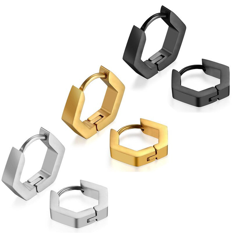 14k Gold Silver Black Octagon Huggie Style Stainless Steel Earrings