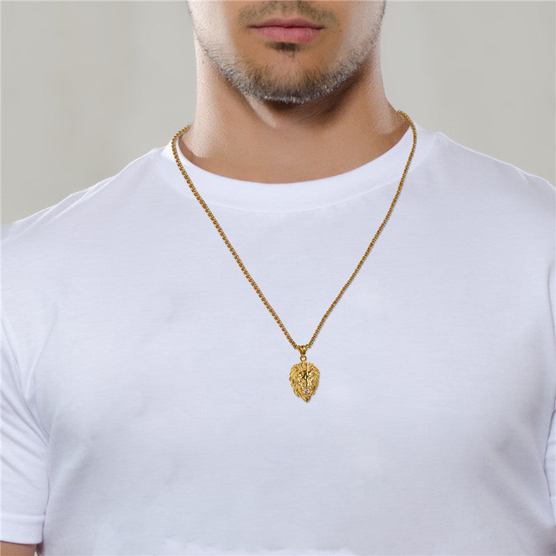 Mens Vintage Look 14k Black Stainless Steel Lion Head Cz Pendant Chain Necklace