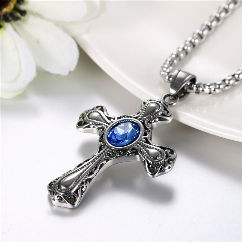 Vintage Styling Stainless Steel Blue Crystal Cross Pendant Chain Necklace