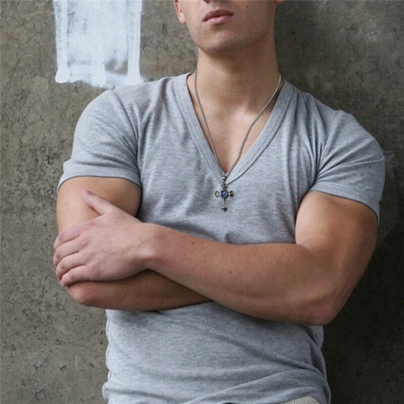 Vintage Styling Stainless Steel Blue Crystal Cross Pendant Chain Necklace