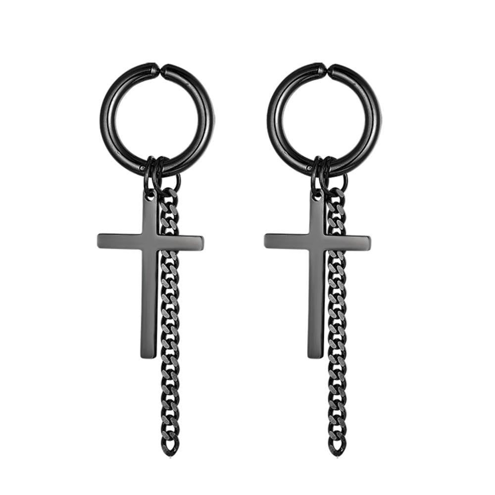 14k Gold Silver Black Cross Chain Hoop Stainless Steel Non Pierced Clamp Bling Earrings