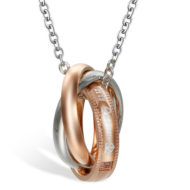 Couples Romantic Lovers Her King His Queen Triple Ring Bling Stainless Steel Chain Necklace