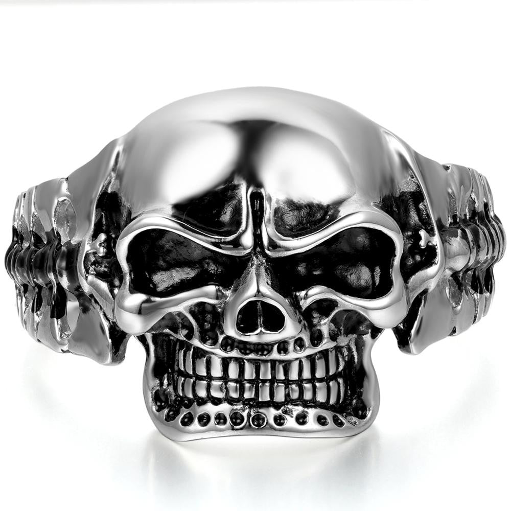 Mens Large Skull No Fade Stainless Steel Heavy Black Silver Hip Hop Bracelet