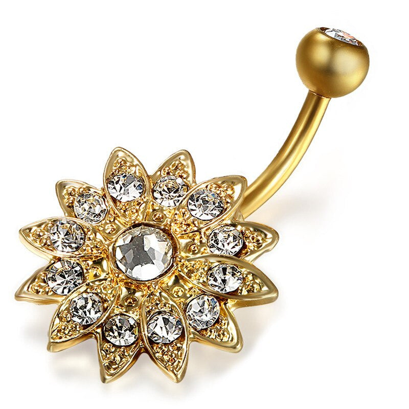 No Fade Stainless Steel Zircon Flower Navel Belly Button Ring Body Jewelry