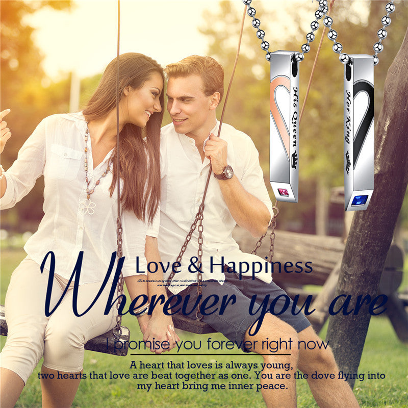 Mens Womens King Queen No Fade Stainless Steel Hearts CZ Stone Pendant Chains