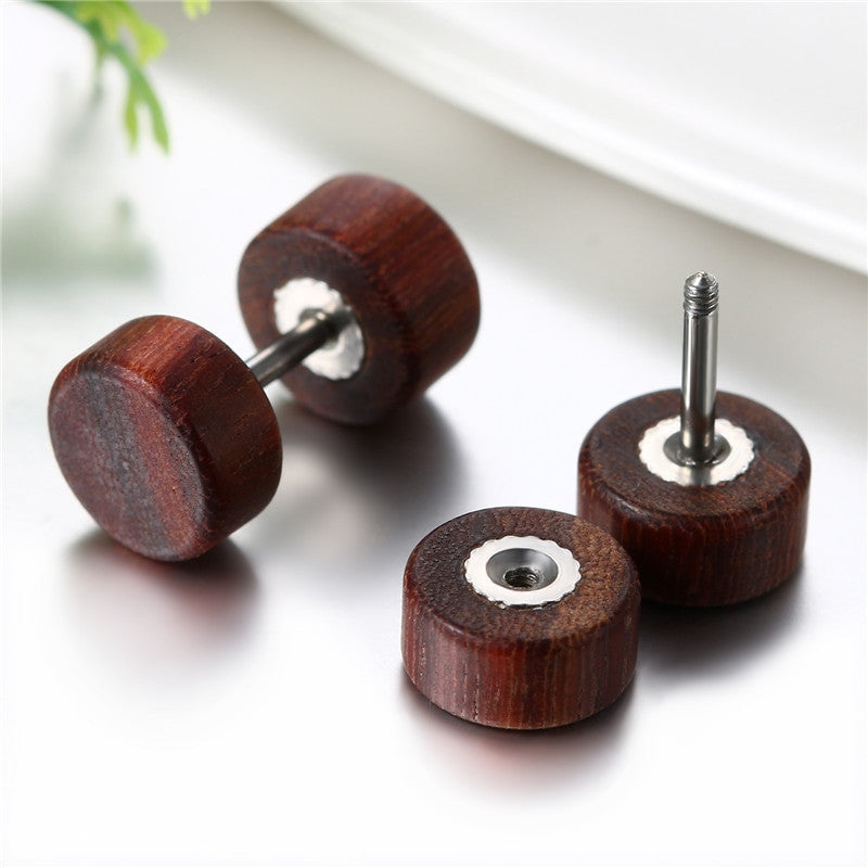 Wooden 8mm 10mm 12mm Wood Dumbell Barbell Double Sided Screw Back Earrings