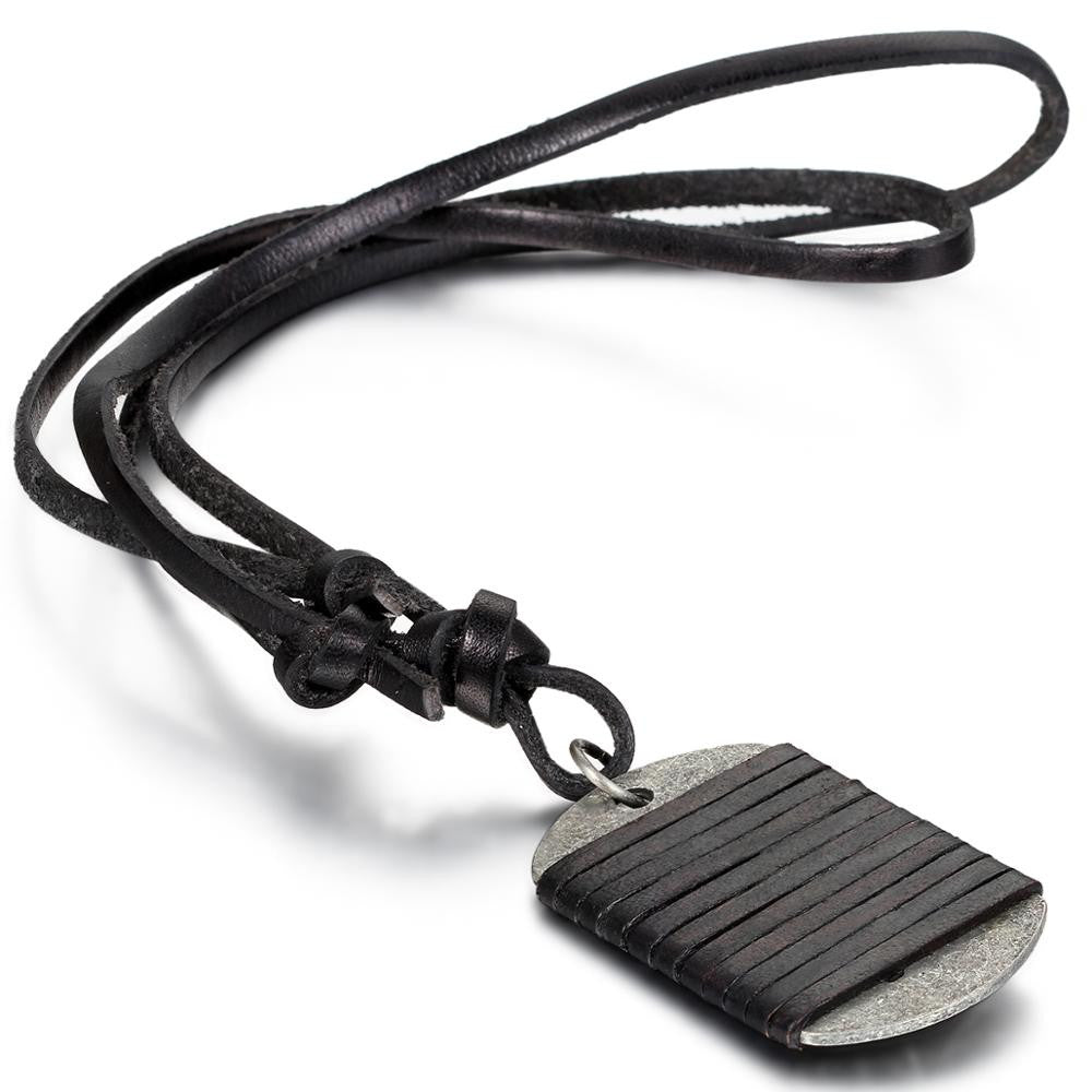Mens Adjustable Leather Wrap Dog Tag Pendant Chain Necklace