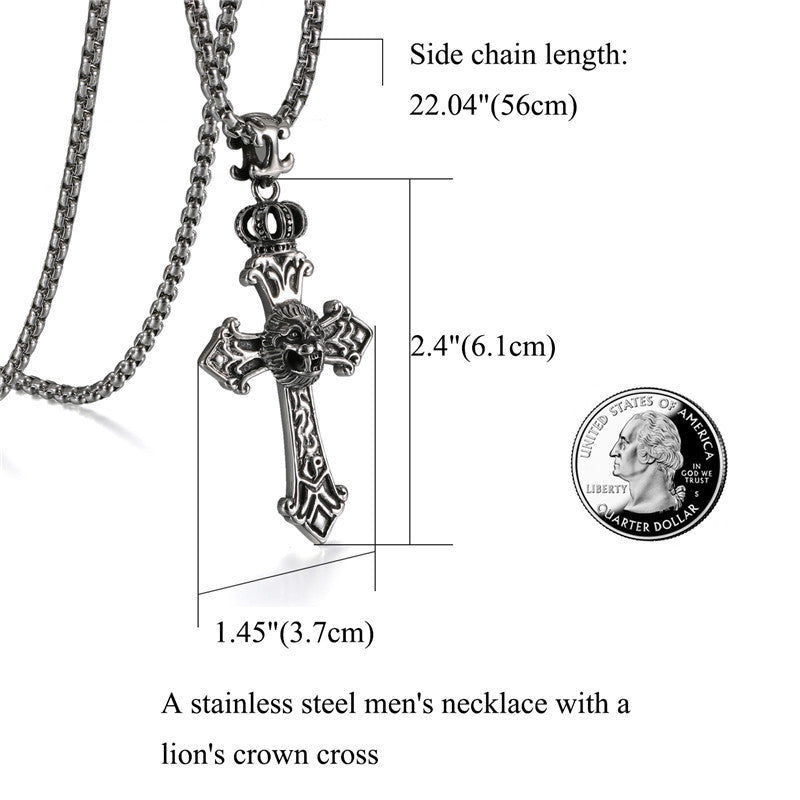 Kings Crown Lion Head No Fade Stainless Steel Cross Pendant Chain Necklace
