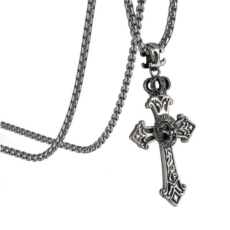Kings Crown Lion Head No Fade Stainless Steel Cross Pendant Chain Necklace