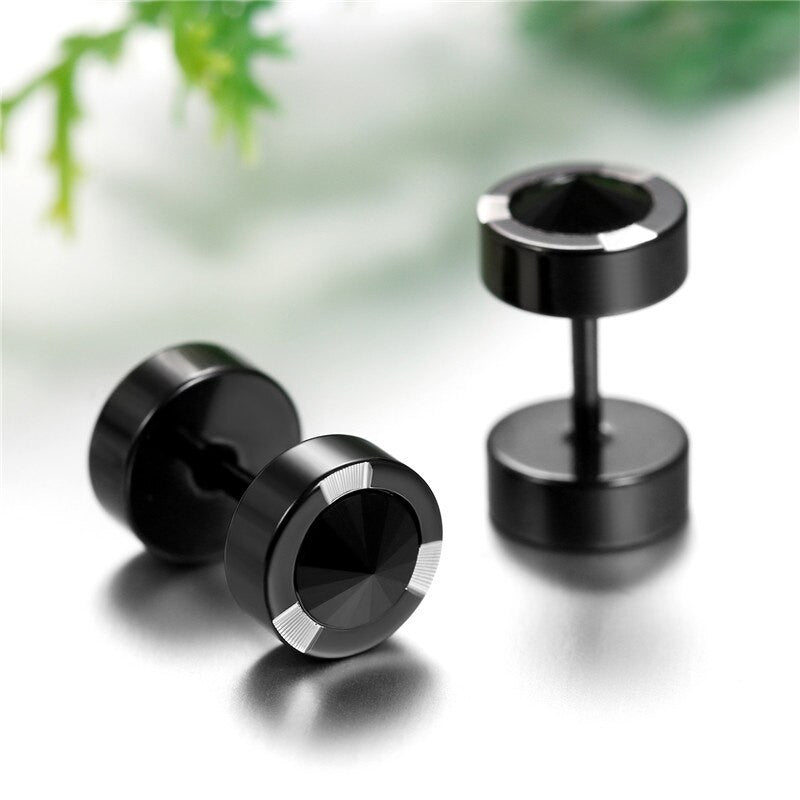 Mens Bling Bling Black CZ Black Out Stainless Steel Screw Back Earrings