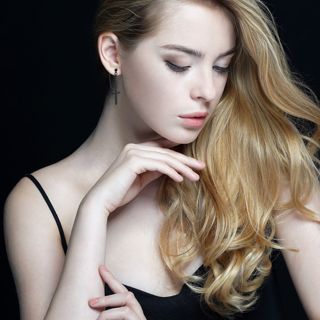 Retro Dangling Stud Cross Gold Black Silver Stainless Steel Chain Earrings