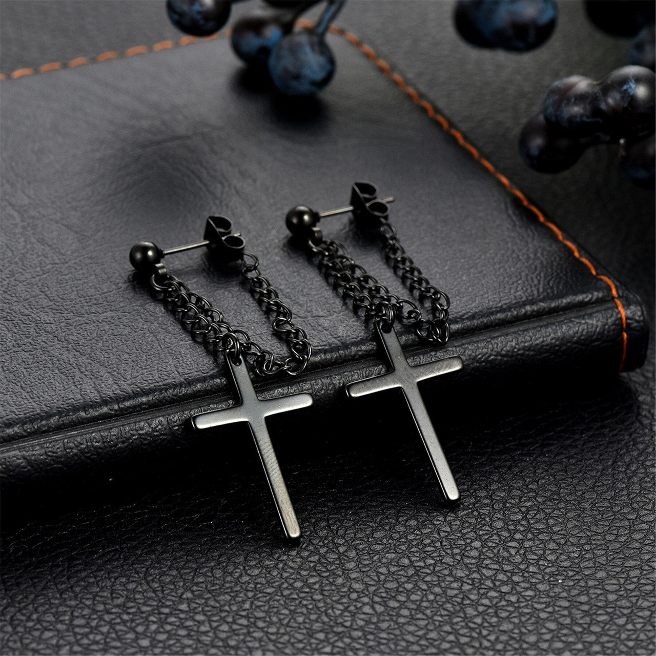 Retro Dangling Stud Cross Gold Black Silver Stainless Steel Chain Earrings