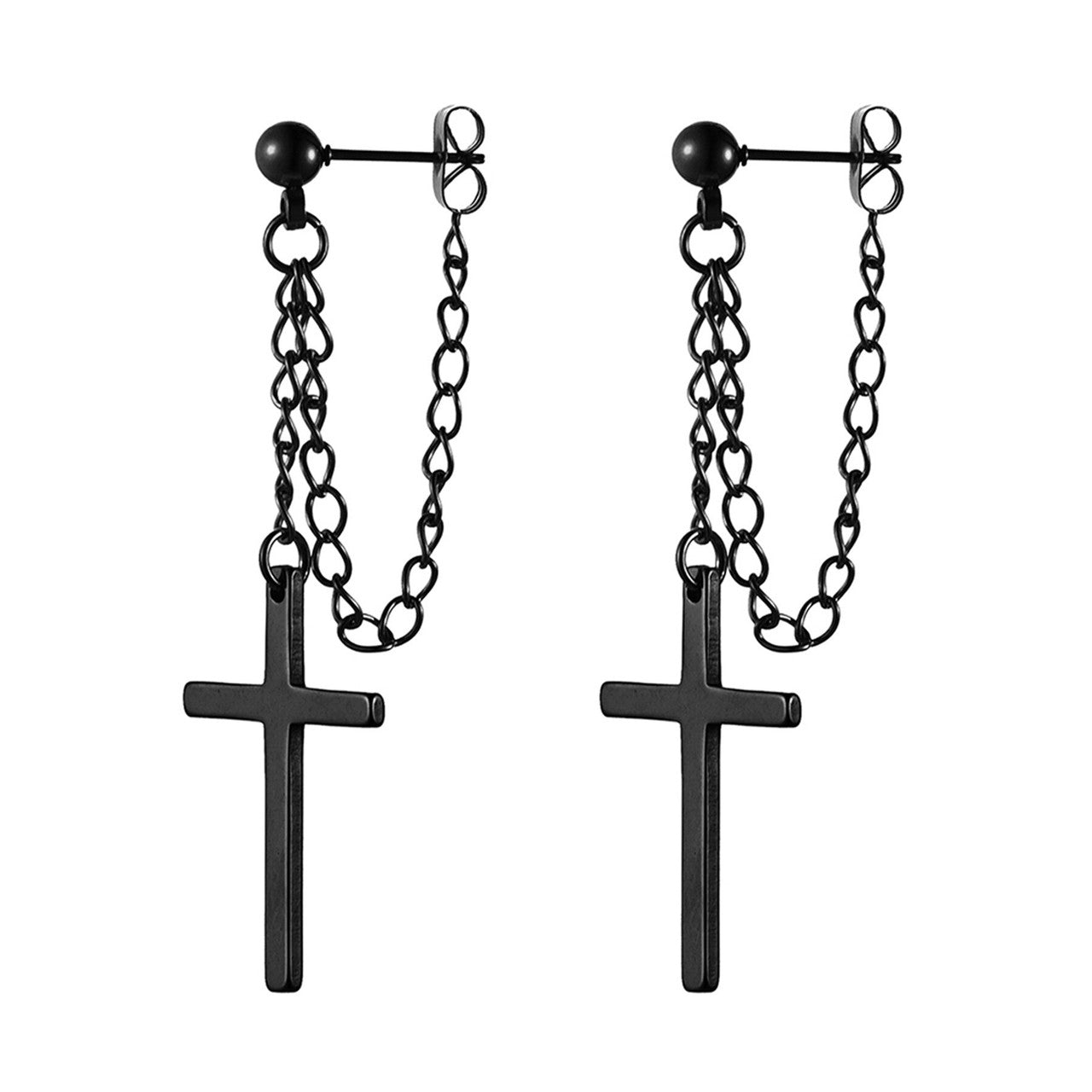 Retro Dangling Stud Cross Gold Black Silver Stainless Steel Chain Earrings