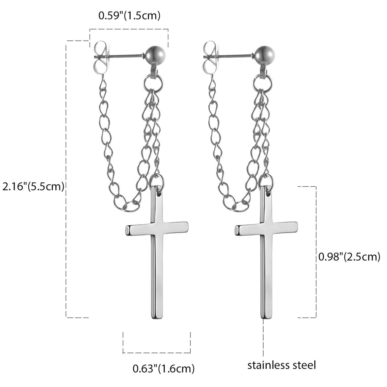Retro Dangling Stud Cross Gold Black Silver Stainless Steel Chain Earrings