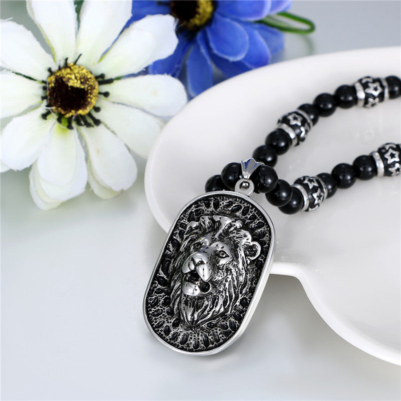 Mens Stainless Steel Beaded Chain Roaring Lion Hip Hop Pendant