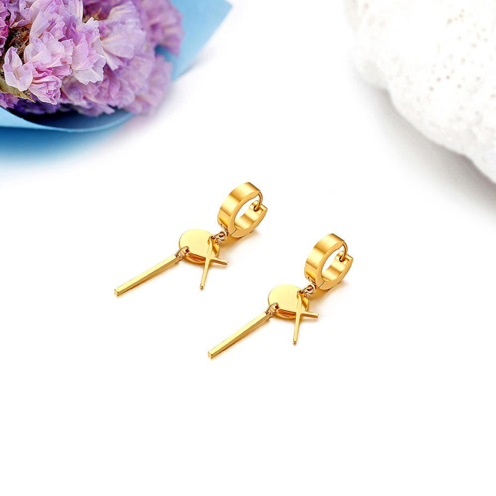 Mens Womens Unisex Dangling Cross Gold Silver Black No Fade Stainless Steel Huggie Earrings