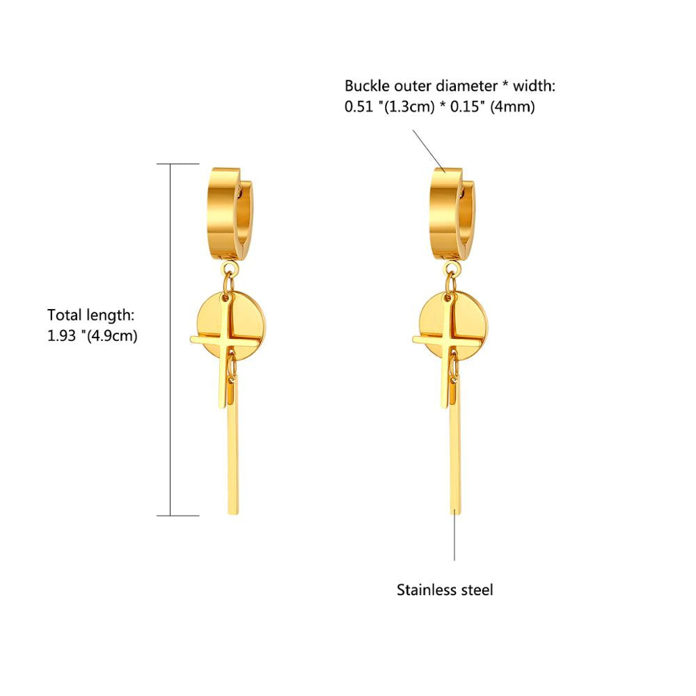 Mens Womens Unisex Dangling Cross Gold Silver Black No Fade Stainless Steel Huggie Earrings