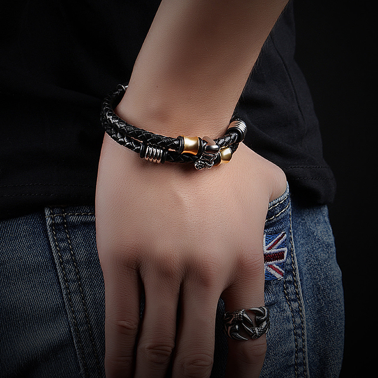 Mens Rose Mouth Skull Pirate Stainless Steel Leather Multilayer Bracelets