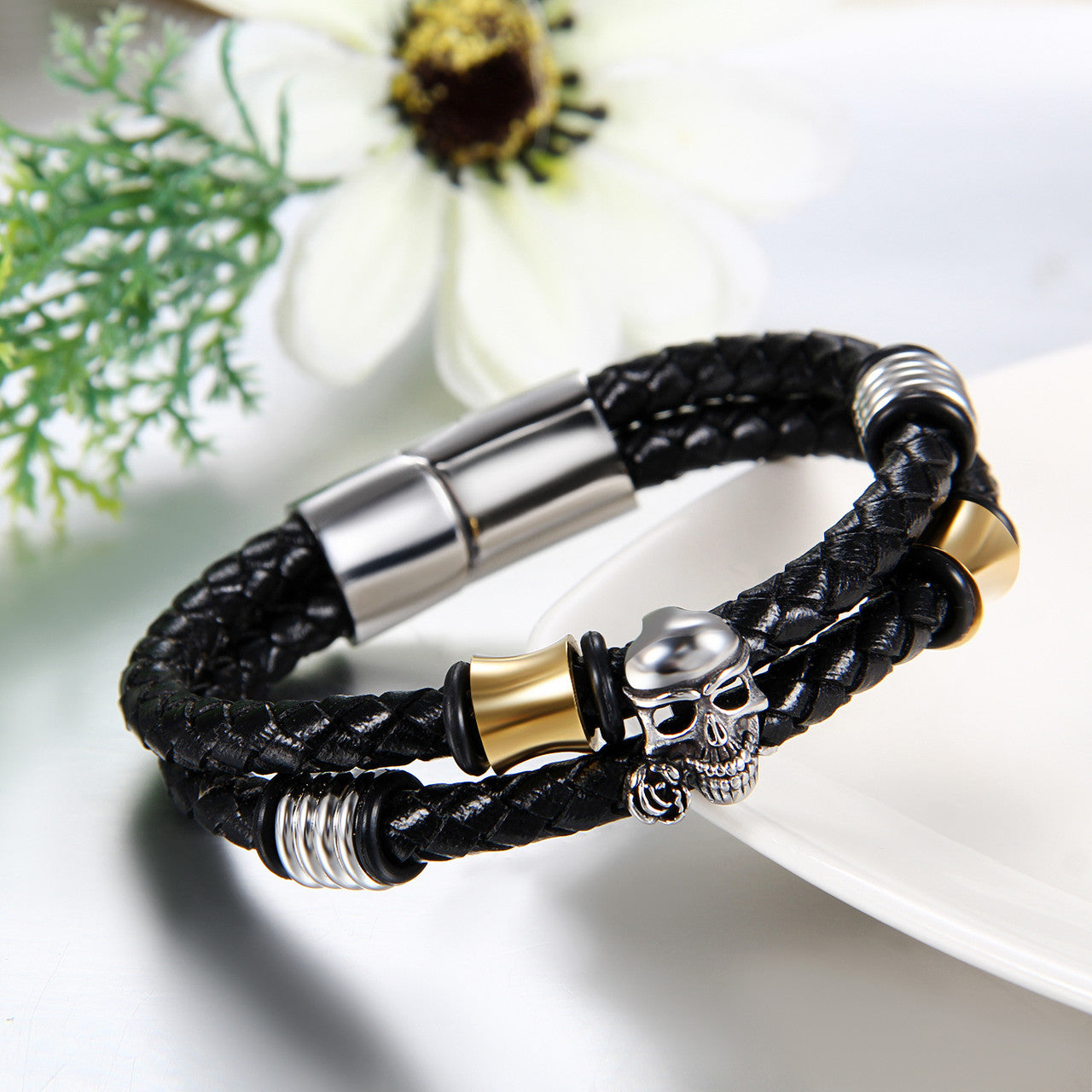 Mens Rose Mouth Skull Pirate Stainless Steel Leather Multilayer Bracelets