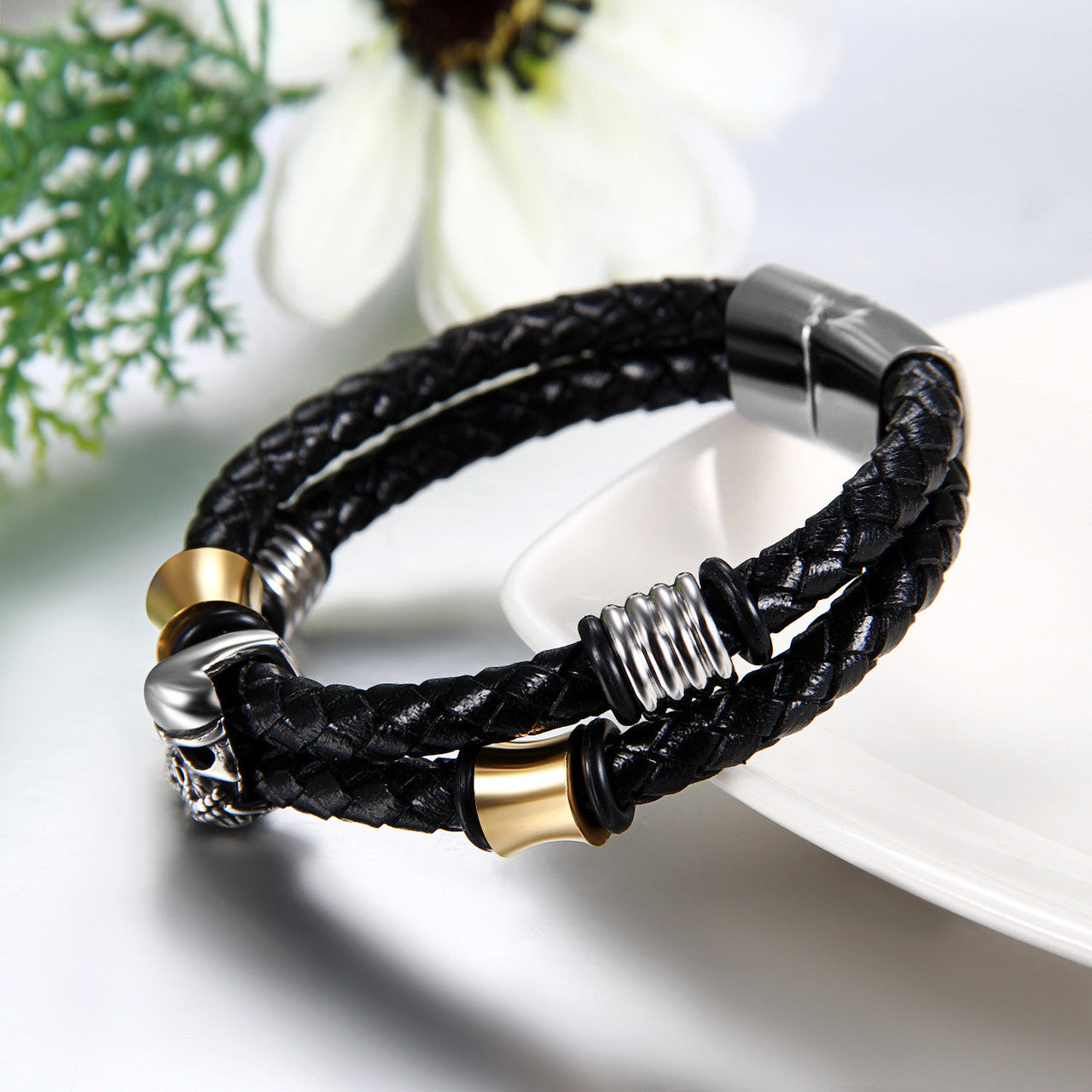 Mens Rose Mouth Skull Pirate Stainless Steel Leather Multilayer Bracelets