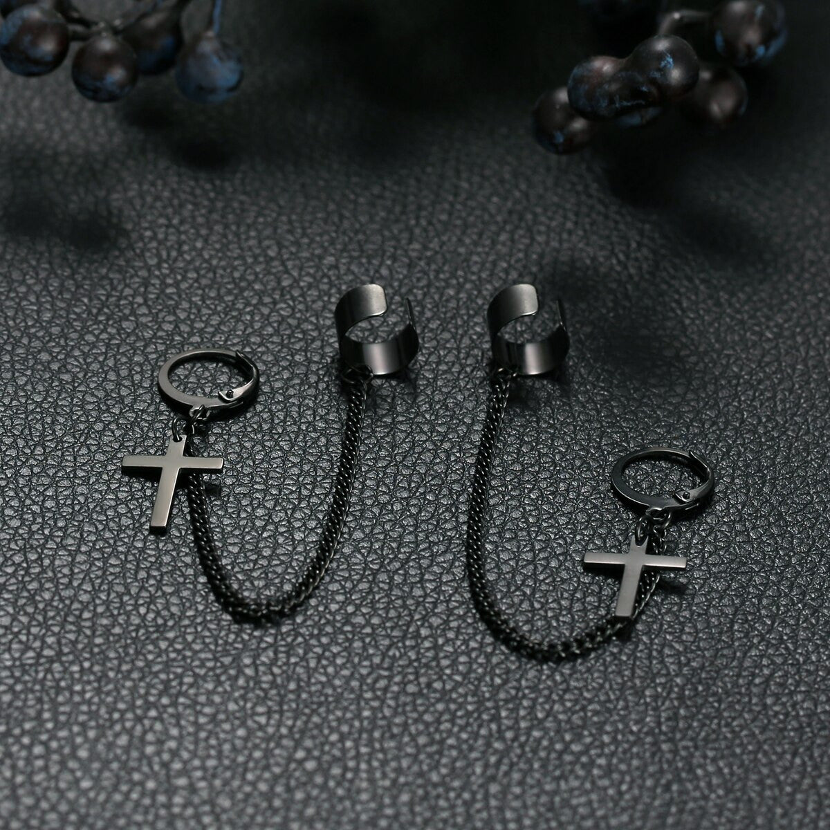 Silver Black Gold Street Wear Punk Rock Cuff Chain Cross Stainless Steel Earrings