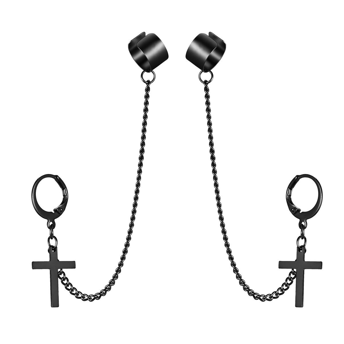Silver Black Gold Street Wear Punk Rock Cuff Chain Cross Stainless Steel Earrings