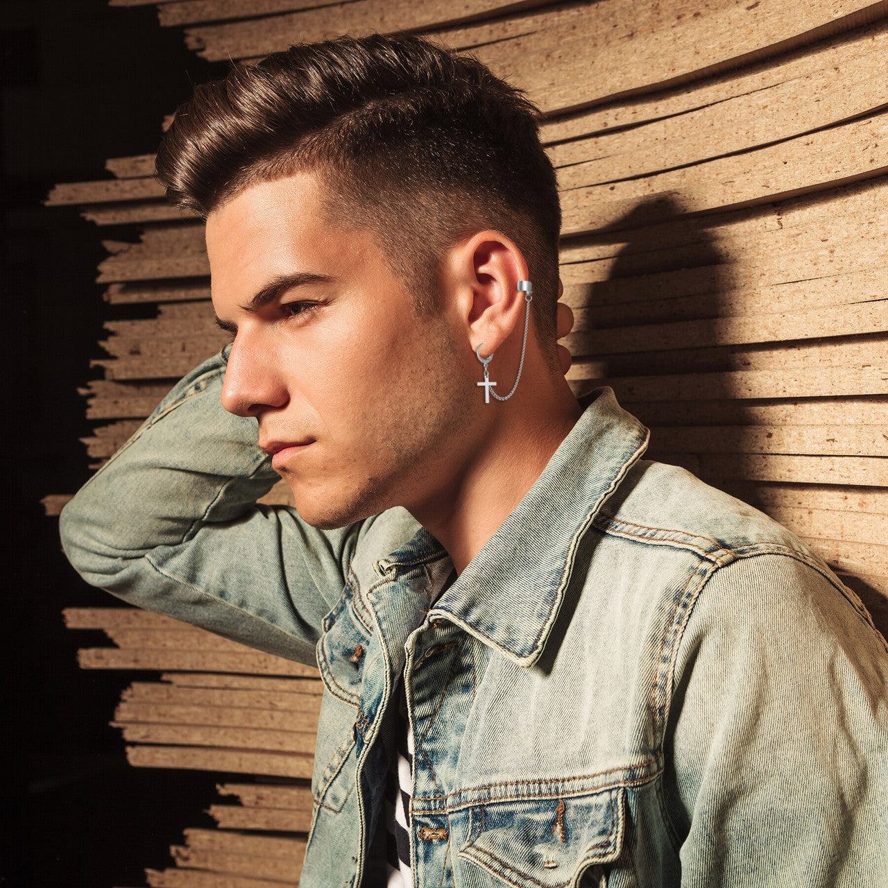 Silver Black Gold Street Wear Punk Rock Cuff Chain Cross Stainless Steel Earrings