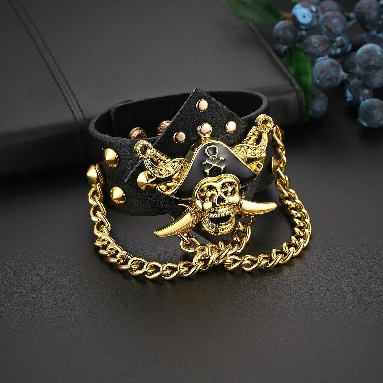  Men&#39;s Genuine Leather 14k Gold 925 Silver Rivet Street Rock Pirate Skull Hip Hop Bracelet 