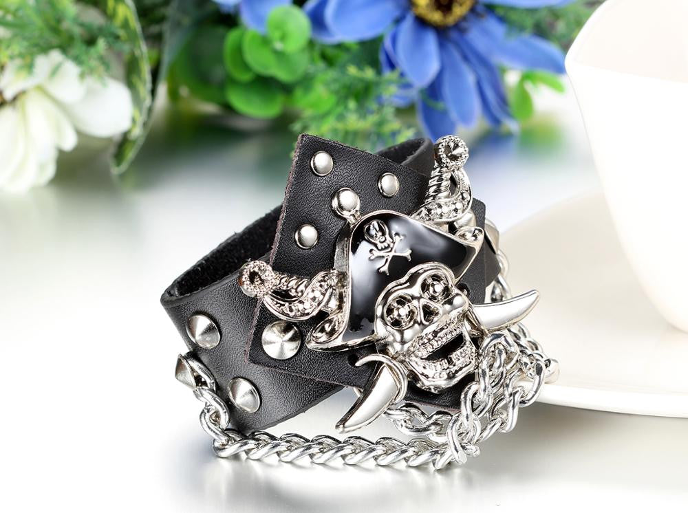 Men's Genuine Leather 14k Gold 925 Silver Rivet Street Rock Pirate Skull Hip Hop Bracelet