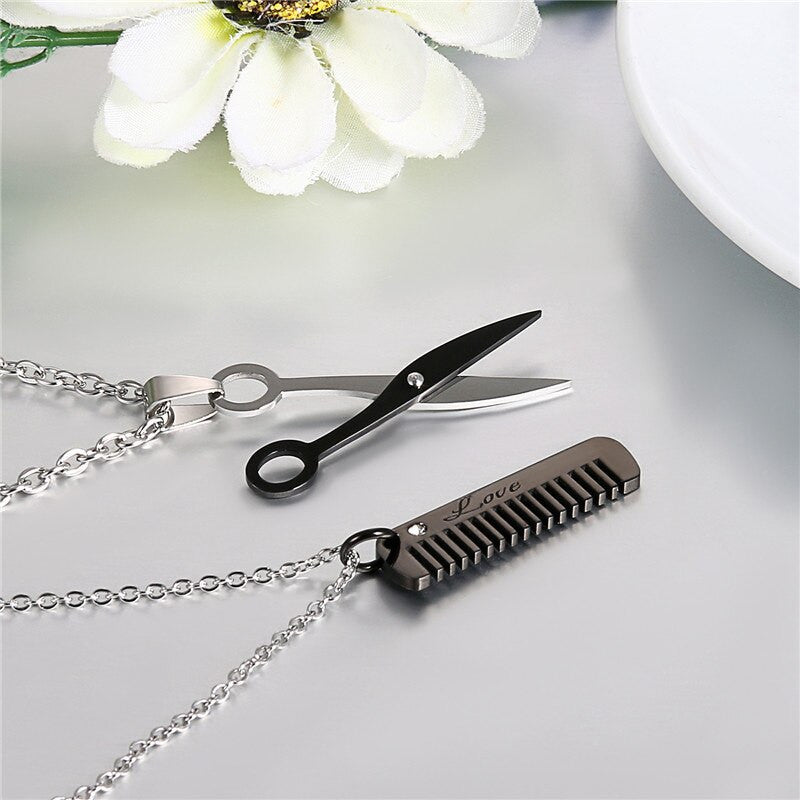 No Fade Stainless Steel Barber Shop Comb Clippers Pendant Chain Jewelry Set