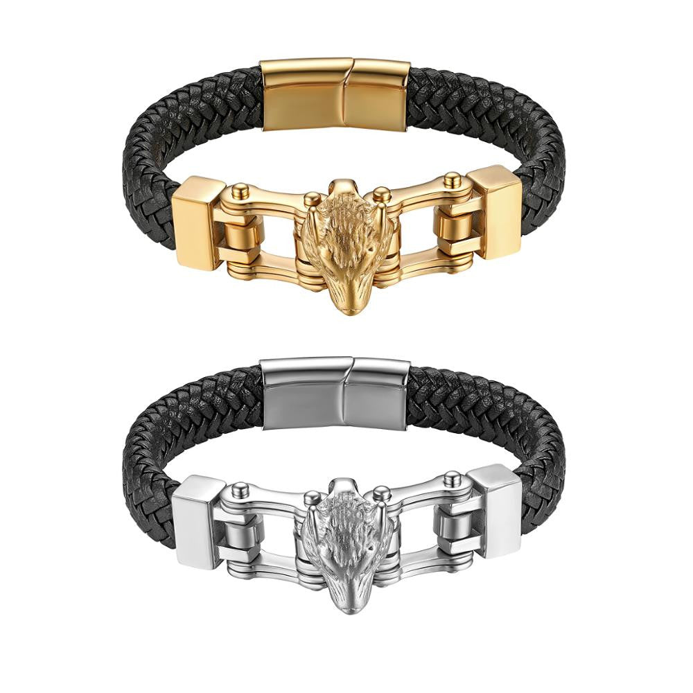 Legend Of The Wolf No Fade Stainless Steel Leather Hip Hop Bracelets