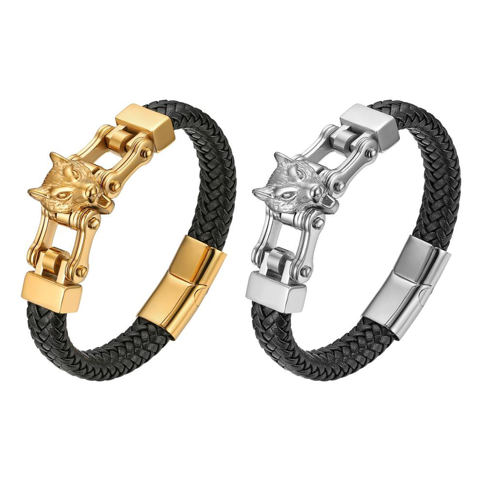 Legend Of The Wolf No Fade Stainless Steel Leather Hip Hop Bracelets