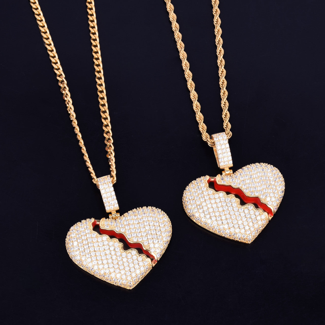 Broken Heart .925 Silver 14k Gold Red Oil Bling Pendant