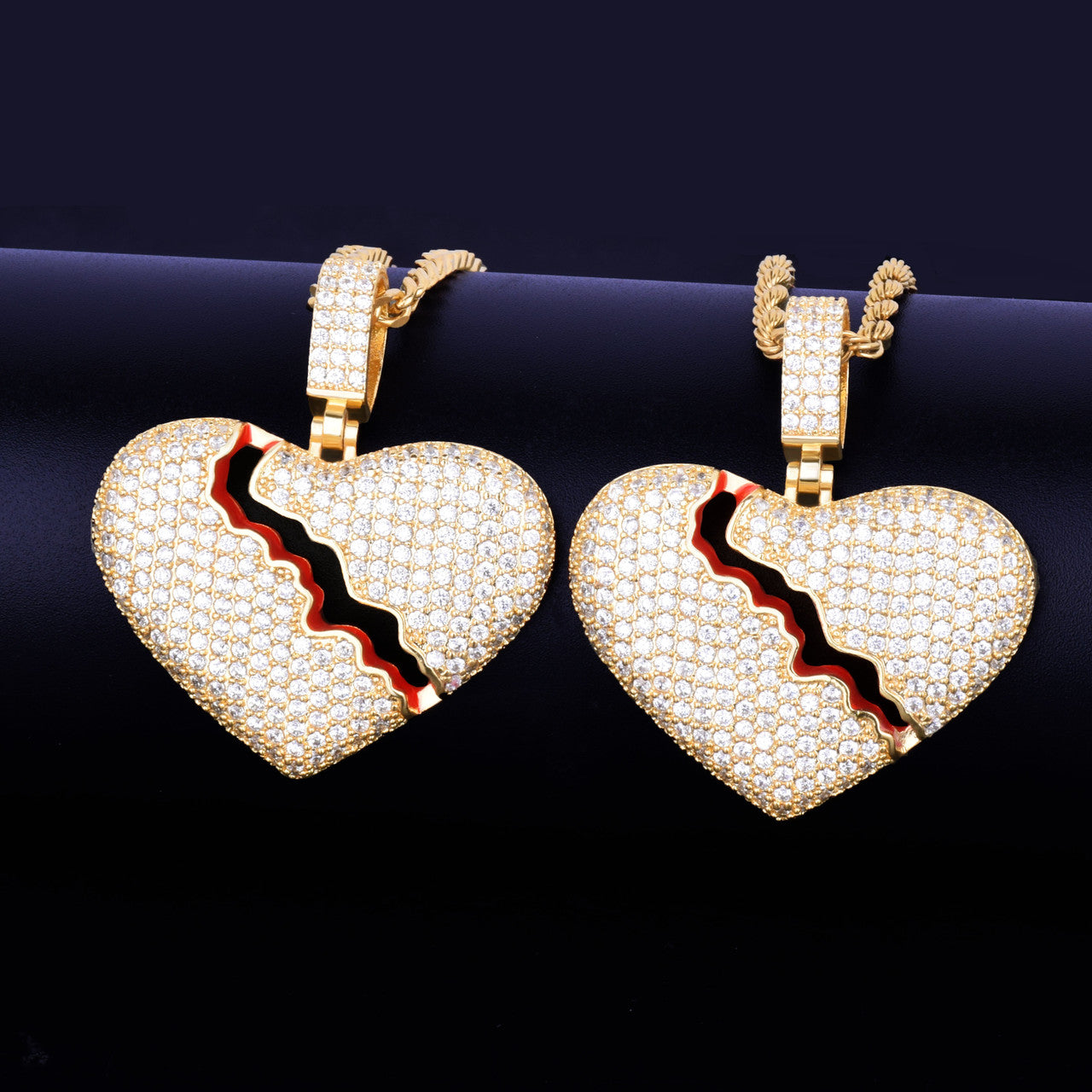 Broken Heart .925 Silver 18k Gold Red Oil Bling Pendant Chain Necklace