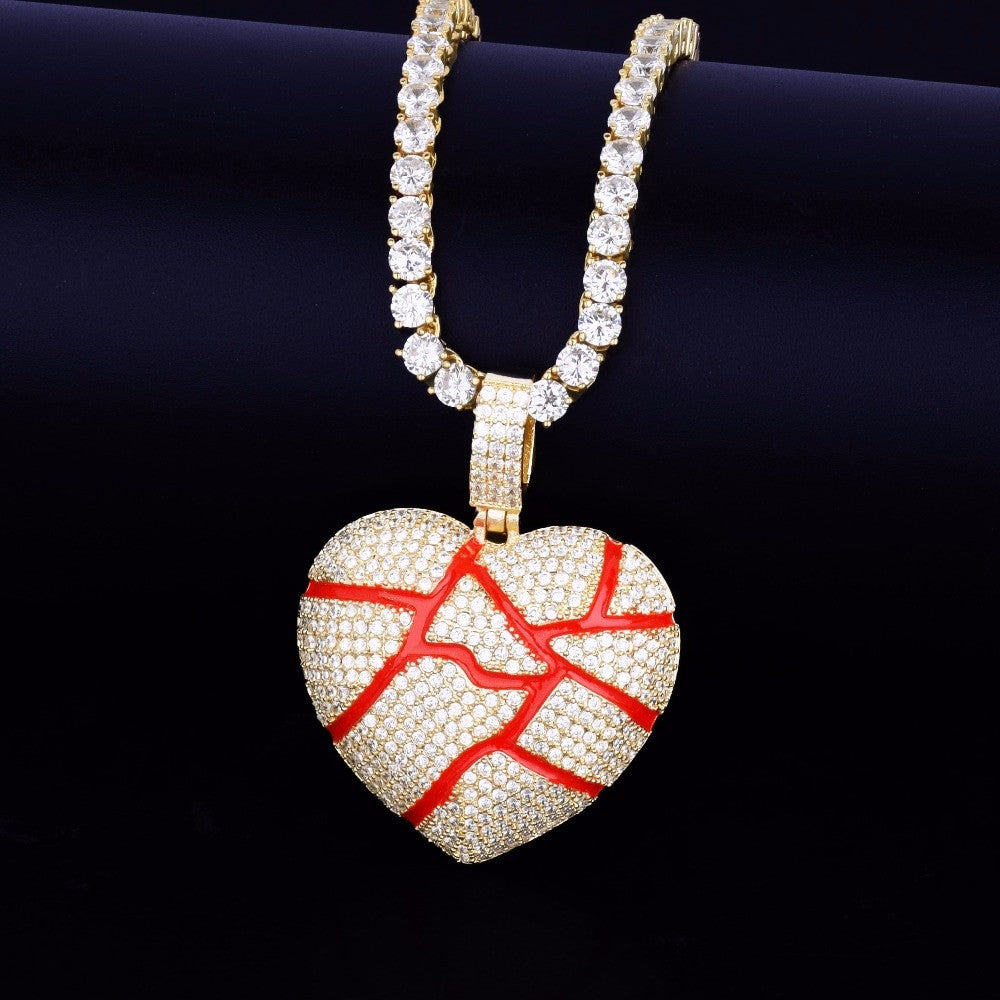.925 Silver 18k Gold AAA Micro Pave Broken Shattered Heart Iced Pendant Chain Necklace