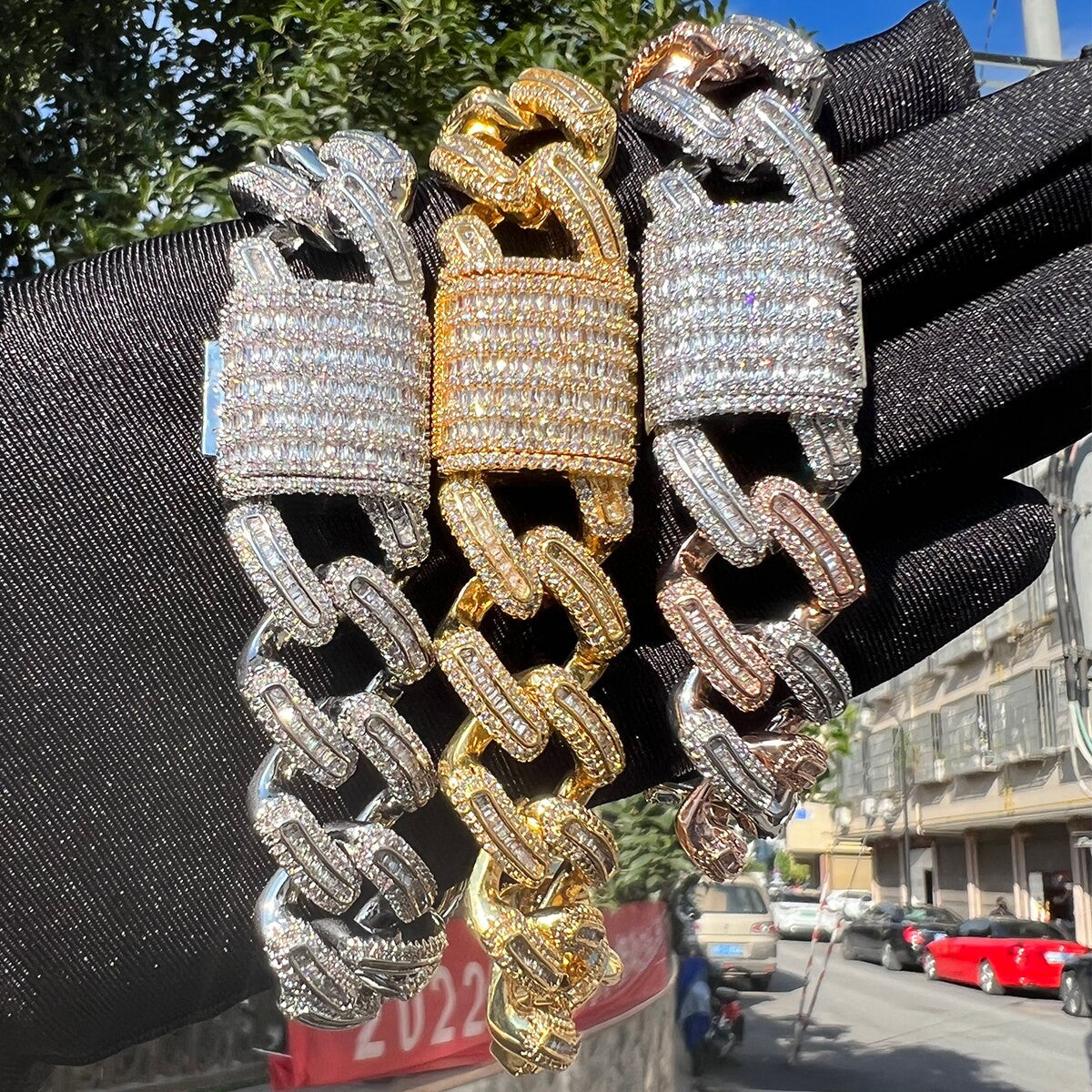 Mens Flooded Ice 24k Gold Baguette Stones Miami Cuban Link Bling Iced Bracelets