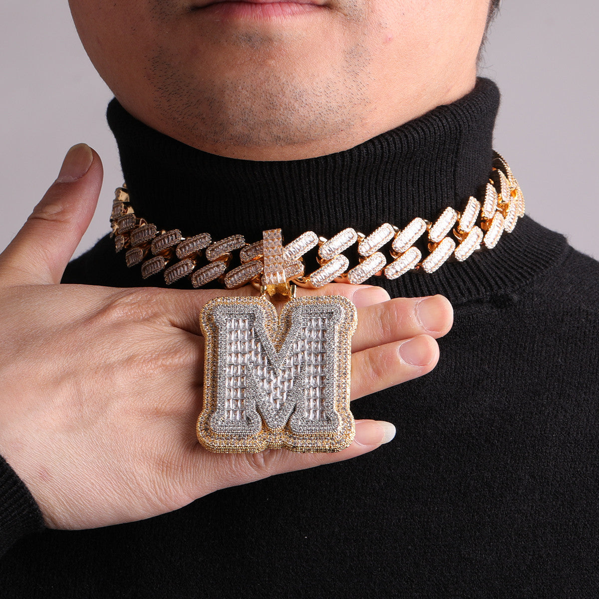 Mens Iced Single Initial Letters A-Z Baguette Hip Hop Pendant Chain Necklace