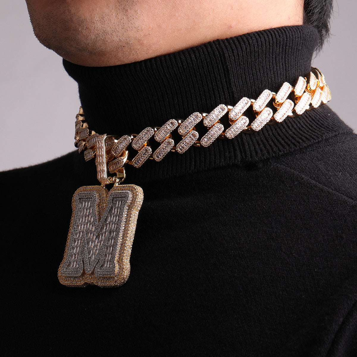 Mens Iced Single Initial Letters A-Z Baguette Hip Hop Pendant Chain Necklace