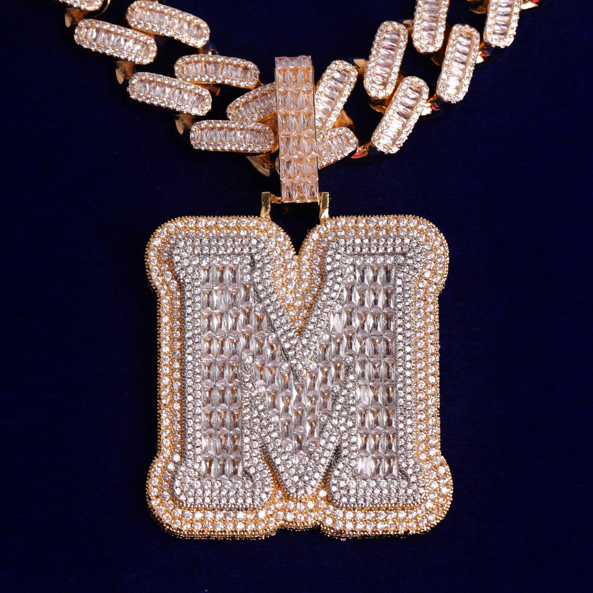 Mens Iced Single Initial Letters A-Z Baguette Hip Hop Pendant Chain Necklace